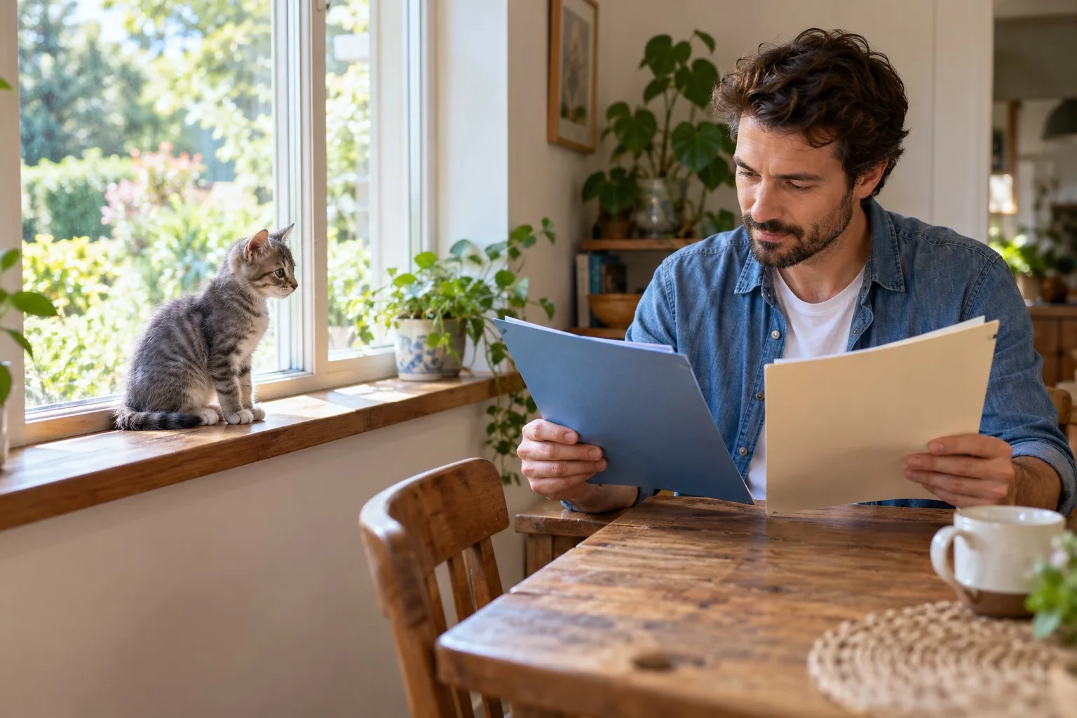 Owner reading a folder beside a cat perched at a window