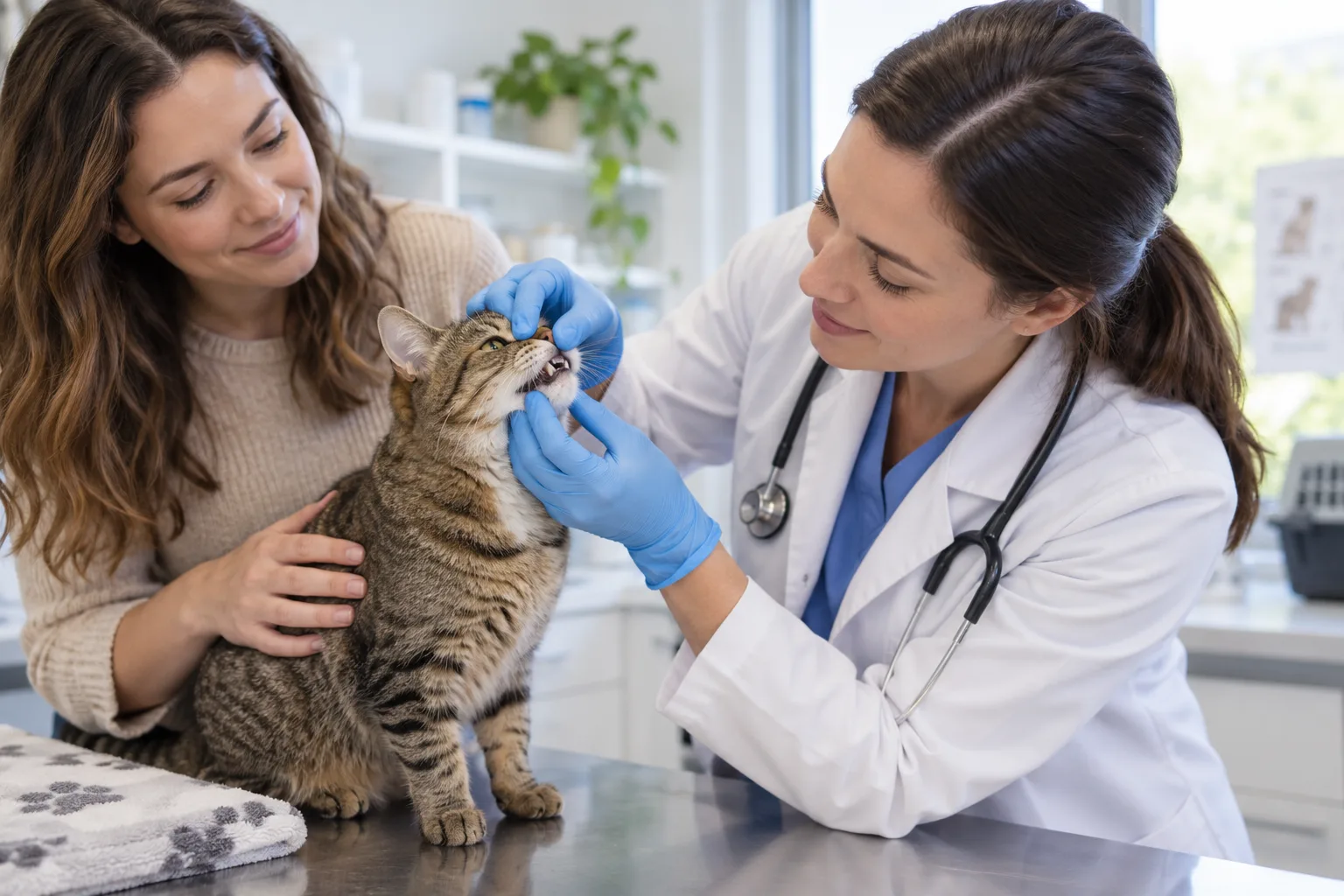 Veterinary professional examining a cat’s mouth beside the owner